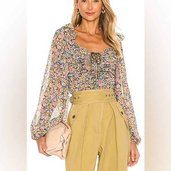 Free People Mabel floral printed ruffle blouse balloon sleeves size small - Picture 16 of 16